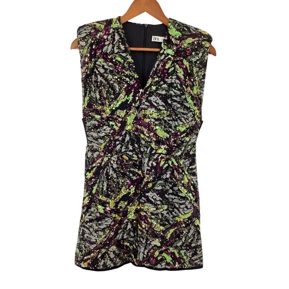 Zara Sequined Medium Mini Dress With V-Neckline Sleeveless Design Cocktail Party - Picture 1 of 8